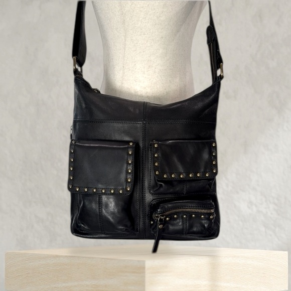 Lucky Brand Handbags - Lucky Brand Black Leather Crossbody Bag with Studded Pockets Hobo/Moto